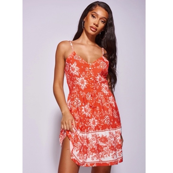 Red Floral Print Scarf Print Sleeveless V-Neck Tiered Mini Dress - Picture 5 of 11